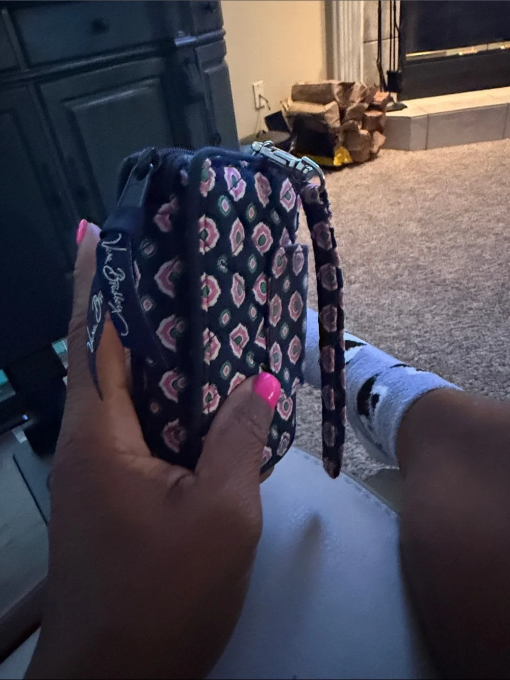 Vera Bradley Quilted Navy Phone Wallet Case with Pink Floral Pattern